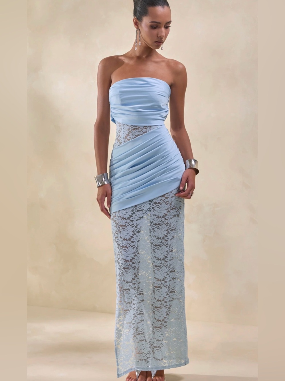 Club L London Powder Blue Lace And Satin Bandeau Maxi Dress US 2 NWT Coquette